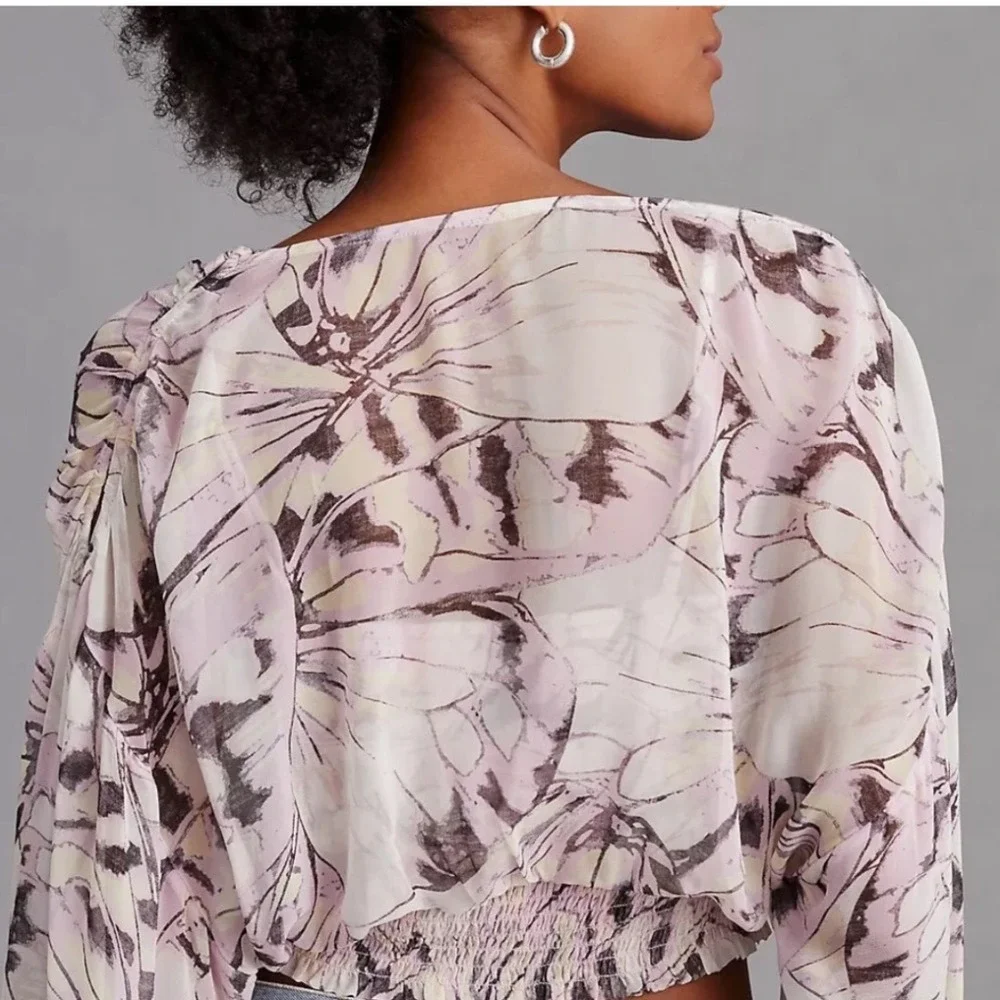 Anthropologie Sheer Cropped Puff Sleeve Abstract Print Top S‎